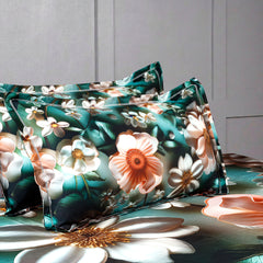 Luxury 7D Floral Bedsheet with Pillow Covers β Premium Soft Double Bed Sheet | Elegant Teal Flower Printed Bedding Set for Bedroom Decor