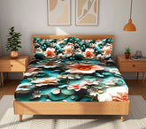 Luxury 7D Floral Bedsheet with Pillow Covers – Premium Soft Double Bed Sheet | Elegant Teal Flower Printed Bedding Set for Bedroom Decor