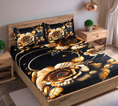 Luxury 7D Floral Bedsheet with Pillow Covers β Premium Soft Double Bed Sheet | Elegant Black Flower Printed Bedding Set for Bedroom Decor