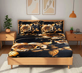 Luxury 7D Floral Bedsheet with Pillow Covers – Premium Soft Double Bed Sheet | Elegant Black Flower Printed Bedding Set for Bedroom Decor