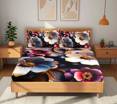 Luxury 7D Floral Bedsheet with Pillow Covers β Premium Soft Double Bed Sheet | Elegant Black Flower Printed Bedding Set for Bedroom Decor