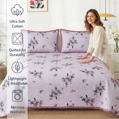 Premium Reversible Quilted Bedspread Set with 2 Pillow Covers | Lightweight Microfiber Bed Cover | All Season Floral Printed Bedding (Pink)