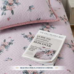 Premium Reversible Quilted Bedspread Set with 2 Pillow Covers | Lightweight Microfiber Bed Cover | All Season Floral Printed Bedding (Pink)