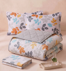 Multicolor Leaf Print Reversible Comforter Set with Pillow Covers – Soft Microfiber Double Bed Quilt