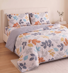 Multicolor Leaf Print Reversible Comforter Set with Pillow Covers – Soft Microfiber Double Bed Quilt