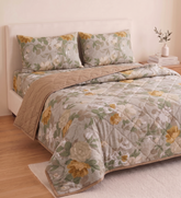 Elegant Beige Floral Comforter Set – Vintage Style Reversible Quilt for Double Bed