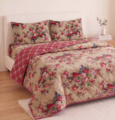 Red Floral Vintage Comforter Set – Classic Reversible Quilt for Double Bed