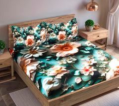 Luxury 7D Floral Bedsheet with Pillow Covers – Premium Soft Double Bed Sheet | Elegant Teal Flower Printed Bedding Set for Bedroom Decor