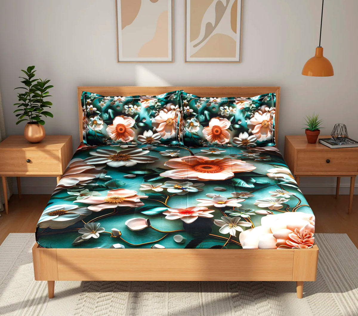 Luxury 7D Floral Bedsheet with Pillow Covers – Premium Soft Double Bed Sheet | Elegant Teal Flower Printed Bedding Set for Bedroom Decor