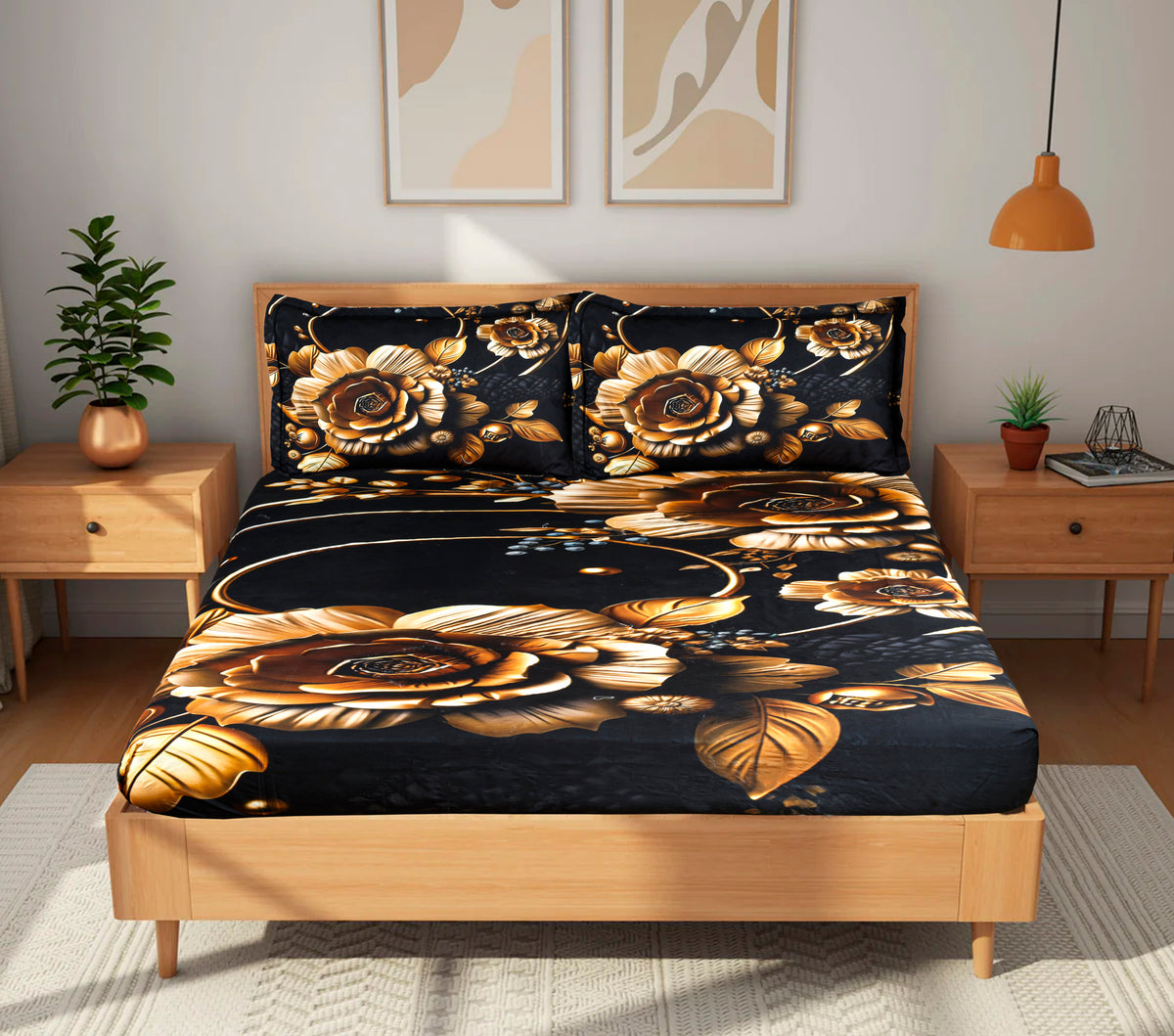 Luxury 7D Floral Bedsheet with Pillow Covers – Premium Soft Double Bed Sheet | Elegant Black Flower Printed Bedding Set for Bedroom Decor