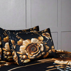 Luxury 7D Floral Bedsheet with Pillow Covers – Premium Soft Double Bed Sheet | Elegant Black Flower Printed Bedding Set for Bedroom Decor