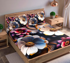 Luxury 7D Floral Bedsheet with Pillow Covers – Premium Soft Double Bed Sheet | Elegant Black Flower Printed Bedding Set for Bedroom Decor