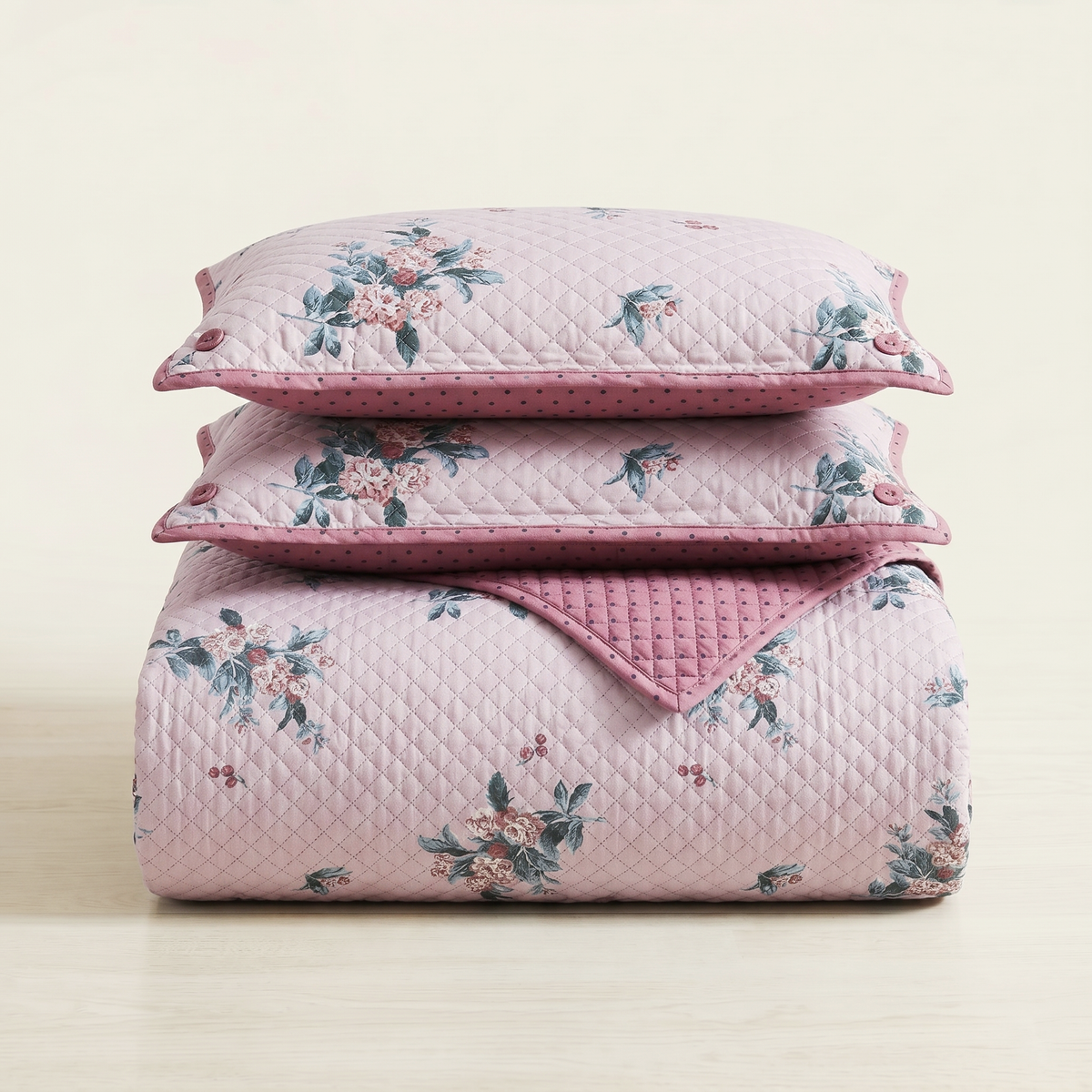 Premium Reversible Quilted Bedspread Set with 2 Pillow Covers | Lightweight Microfiber Bed Cover | All Season Floral Printed Bedding (Pink)