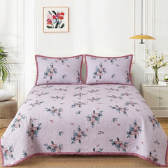 Premium Reversible Quilted Bedspread Set with 2 Pillow Covers | Lightweight Microfiber Bed Cover | All Season Floral Printed Bedding (Pink)