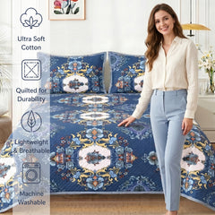 Premium Quilted Bedspread Set with Pillow Covers | Floral Printed Bed Cover | RVS Decor (Blue)