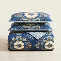 Premium Quilted Bedspread Set with Pillow Covers | Floral Printed Bed Cover | RVS Decor (Blue)
