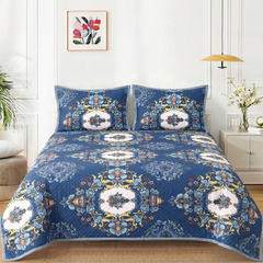 Premium Quilted Bedspread Set with Pillow Covers | Floral Printed Bed Cover | RVS Decor (Blue)