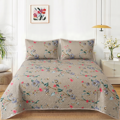 Premium Quilted Bedspread Set with Pillow Covers | Floral Printed Bed Cover | RVS Decor (Grey)