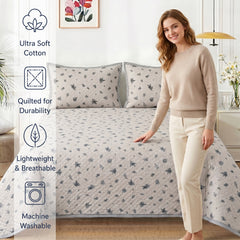 Premium Quilted Bedspread Set with Pillow Covers | Floral Printed Bed Cover | RVS Decor (Cream)