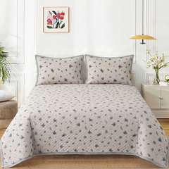 Premium Quilted Bedspread Set with Pillow Covers | Floral Printed Bed Cover | RVS Decor (Cream)