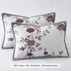 Premium Quilted Bedspread Set with Pillow Covers | Floral Printed Bed Cover | RVS Decor (White)