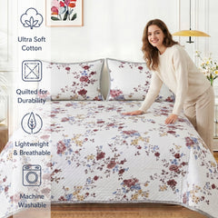 Premium Quilted Bedspread Set with Pillow Covers | Floral Printed Bed Cover | RVS Decor (White)