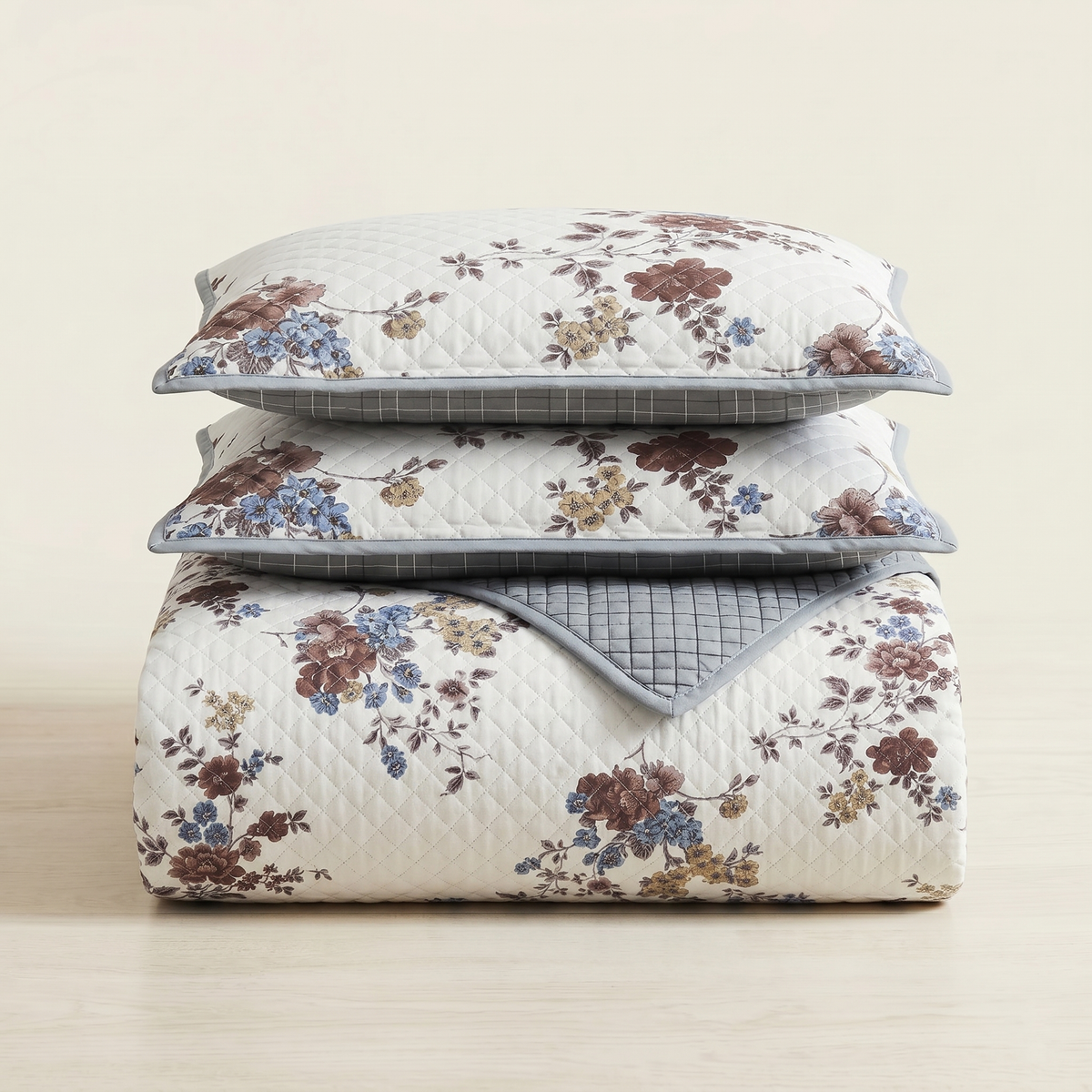 Premium Quilted Bedspread Set with Pillow Covers | Floral Printed Bed Cover | RVS Decor (White)