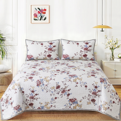 Premium Quilted Bedspread Set with Pillow Covers | Floral Printed Bed Cover | RVS Decor (White)