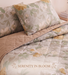 Elegant Beige Floral Comforter Set – Vintage Style Reversible Quilt for Double Bed
