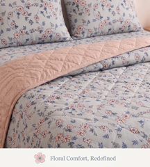 Minimal Grey Floral Comforter Set – Soft Printed Reversible Quilt for Double Bed
