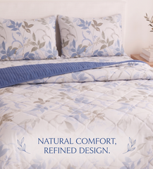 Blue Grey Botanical Comforter Set – Modern Reversible Quilt for Double Bed