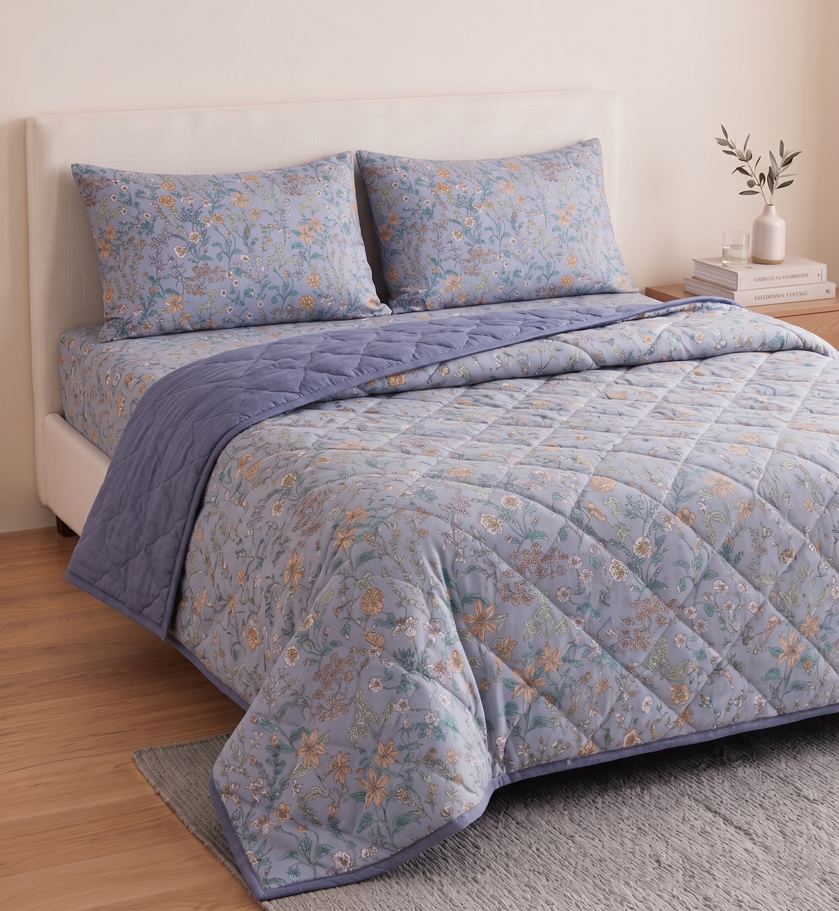 Lavender Floral Comforter Set – Luxury Reversible Quilt for Double Bed